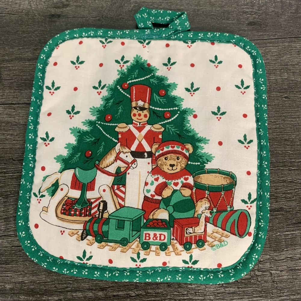 Vintage Christmas Potholder Quilted Holiday Tree Soldier Bear Drum Toys